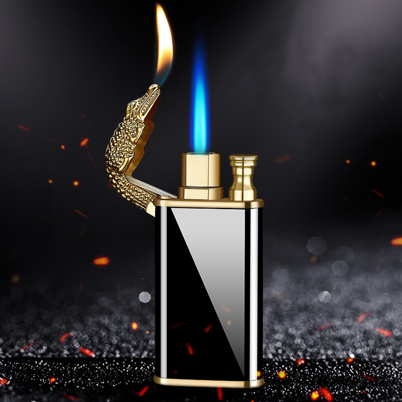 Blue Flame Crocodile Dragon Double Hole Lighter Creative Windproof Conversion Open Fire Gas Lighter Man's Gift