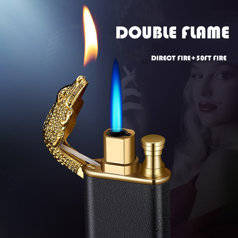 Blue Flame Crocodile Dragon Double Hole Lighter Creative Windproof Conversion Open Fire Gas Lighter Man's Gift