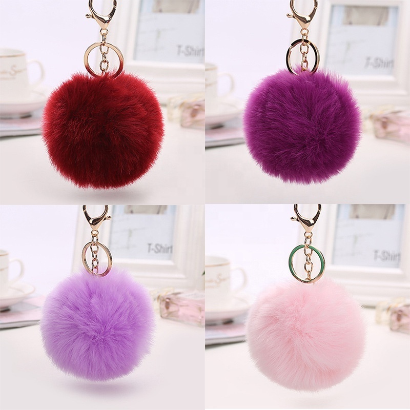 Stock Multicolor Furry Fluffy Puff Ball Key Rings Wholesale 8cm Faux Rabbit Fur Ball Pom Pom Keychain