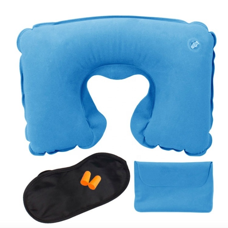 Custom Cheap Promotional Gifts Travel Comfort 3-in-1 Sleep Kit Air Inflatable Pillow with Sleep Eye Mask and Ear Plugs