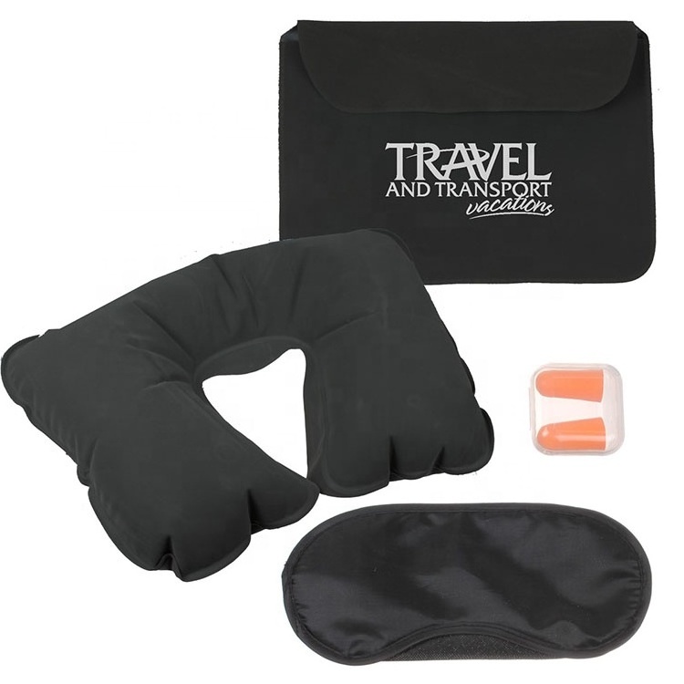 Custom Cheap Promotional Gifts Travel Comfort 3-in-1 Sleep Kit Air Inflatable Pillow with Sleep Eye Mask and Ear Plugs