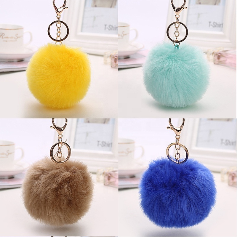 Stock Multicolor Furry Fluffy Puff Ball Key Rings Wholesale 8cm Faux Rabbit Fur Ball Pom Pom Keychain