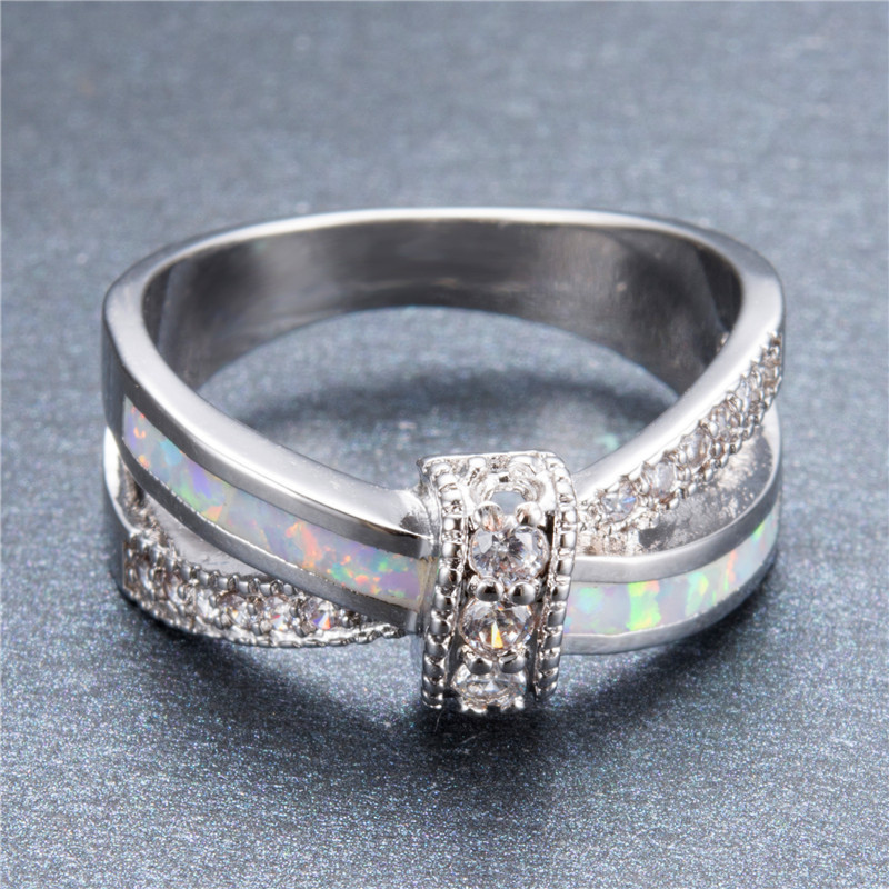 Vintage Female White Opal Cross Jewelry Classic 925 Silver Wedding Big Rings For Women Luxury Crystal Hollow Bow Engagement Ring