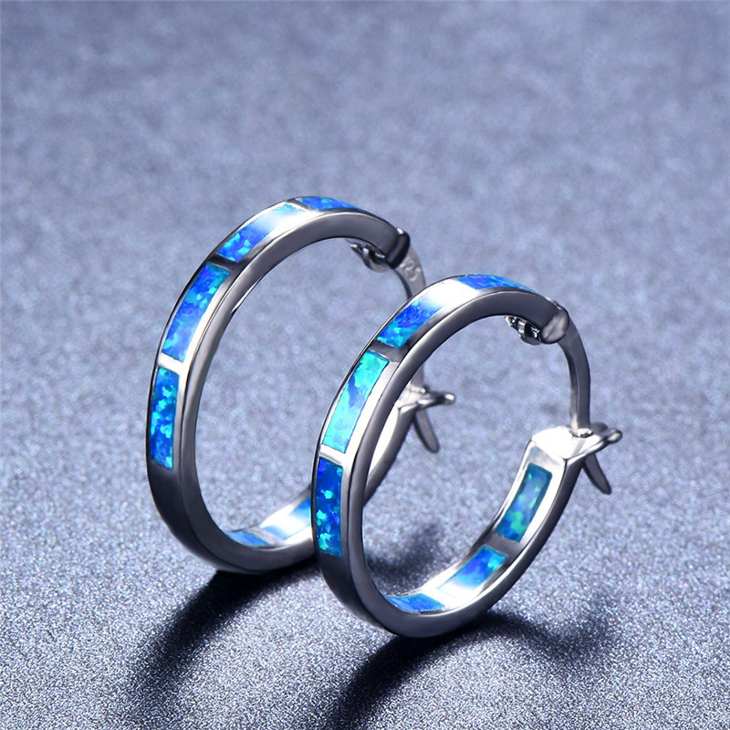 Boho Female Green White Blue Opal Stone Earrings Fashion 925 Silver Hoop Earrings For Women Cute Small Round Earrings