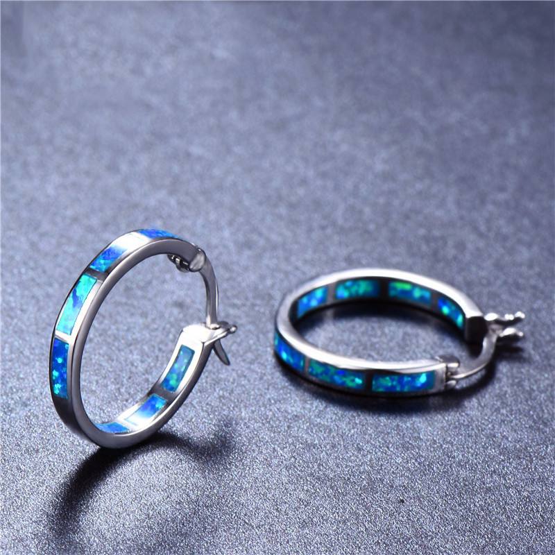 Boho Female Green White Blue Opal Stone Earrings Fashion 925 Silver Hoop Earrings For Women Cute Small Round Earrings