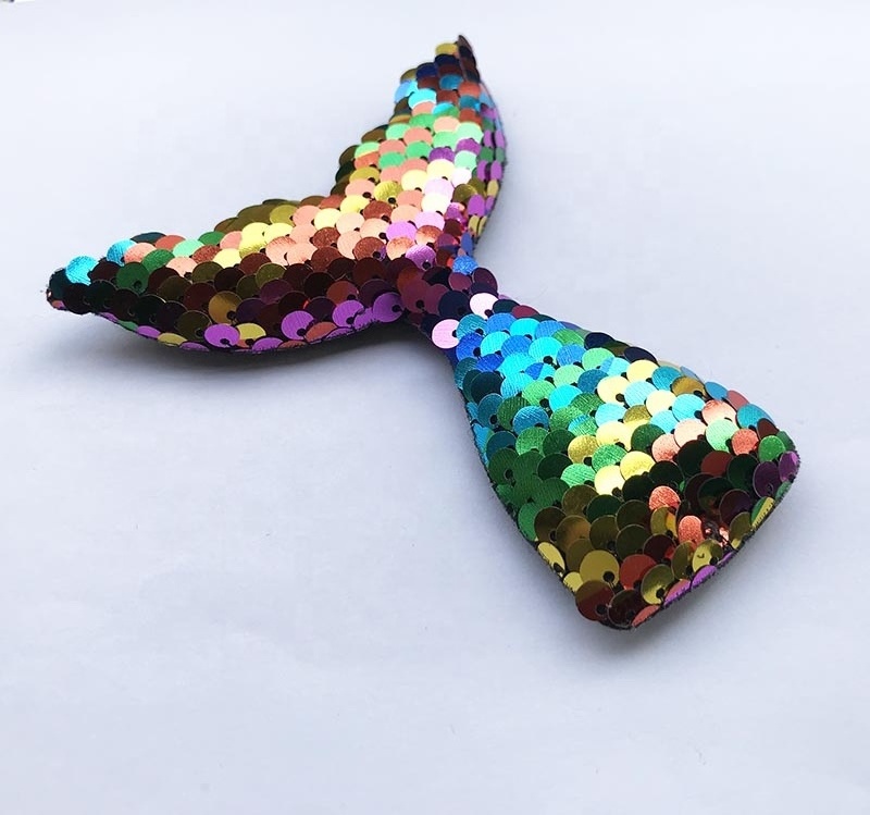 New arrival hot 3D padded applique colorful reversible sequin fish tail DIY sea-maid patch for clothing