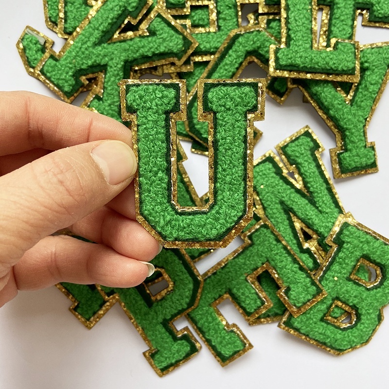 Best Seller Green Color Chenille Letters Strong Adhesive  Embroidery Chenille Stickers Golden Glitter Edge Luxury DIY Alphabets