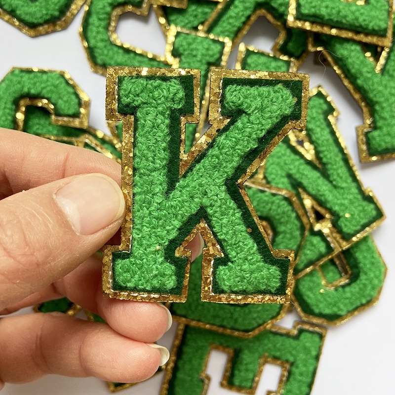 Best Seller Green Color Chenille Letters Strong Adhesive  Embroidery Chenille Stickers Golden Glitter Edge Luxury DIY Alphabets