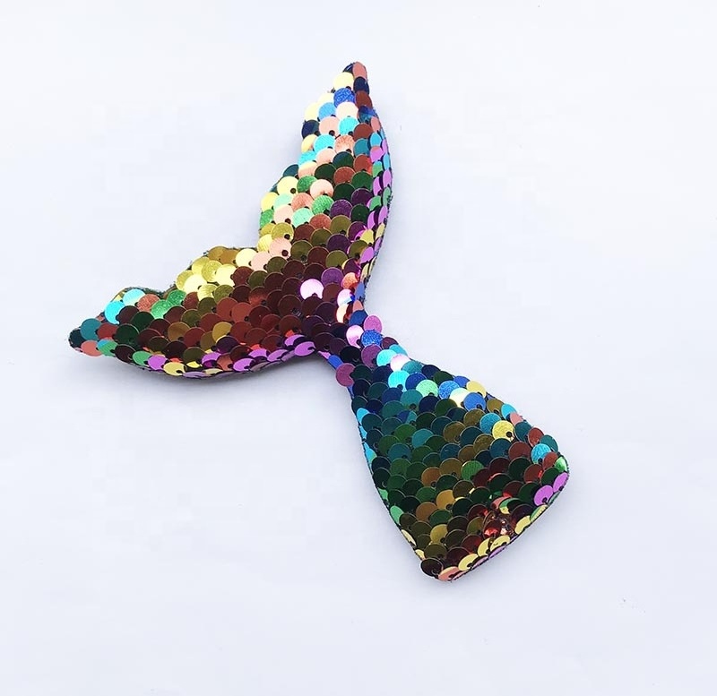 New arrival hot 3D padded applique colorful reversible sequin fish tail DIY sea-maid patch for clothing