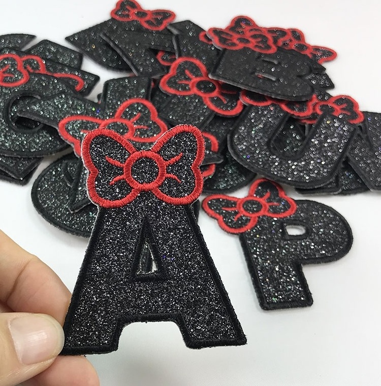 Custom iron on glue backing 26 English letter patch A-Z for cosmetic bag cute black glitter alphabet embroidery sticker patch