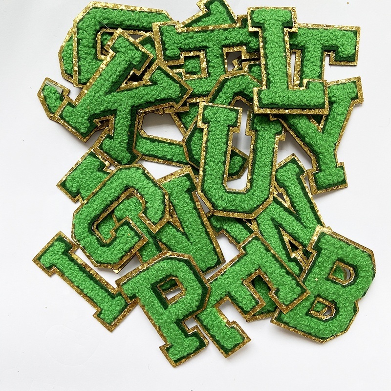 Best Seller Green Color Chenille Letters Strong Adhesive  Embroidery Chenille Stickers Golden Glitter Edge Luxury DIY Alphabets