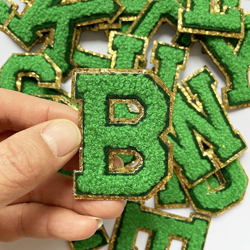 Best Seller Green Color Chenille Letters Strong Adhesive  Embroidery Chenille Stickers Golden Glitter Edge Luxury DIY Alphabets