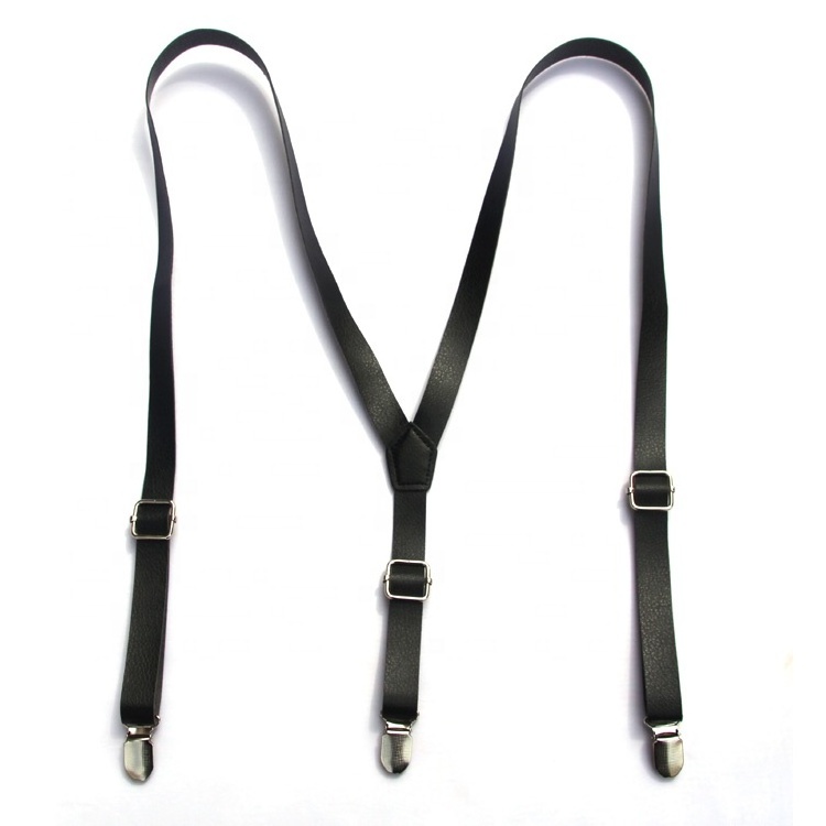 Hot Sale Khaki Color 2cm x120cm With 3 Clips PU Leather Adjustable Strong Suspenders With Metal Clips For Men