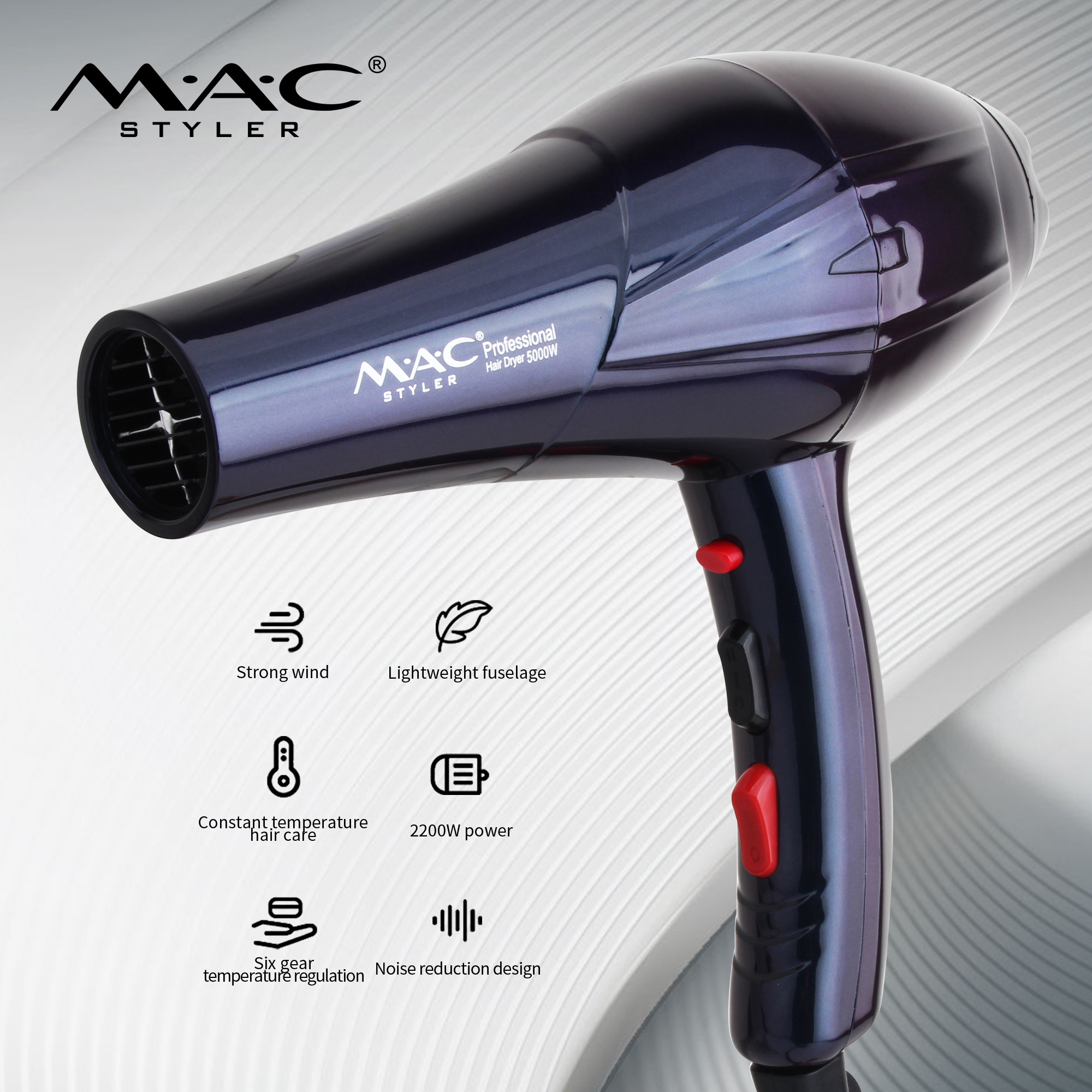 New Style Classic Blue Plastic Professional AC Motor Blower Hair dryer Exquisite Appearance High Quality Low Noise 5000w Blower