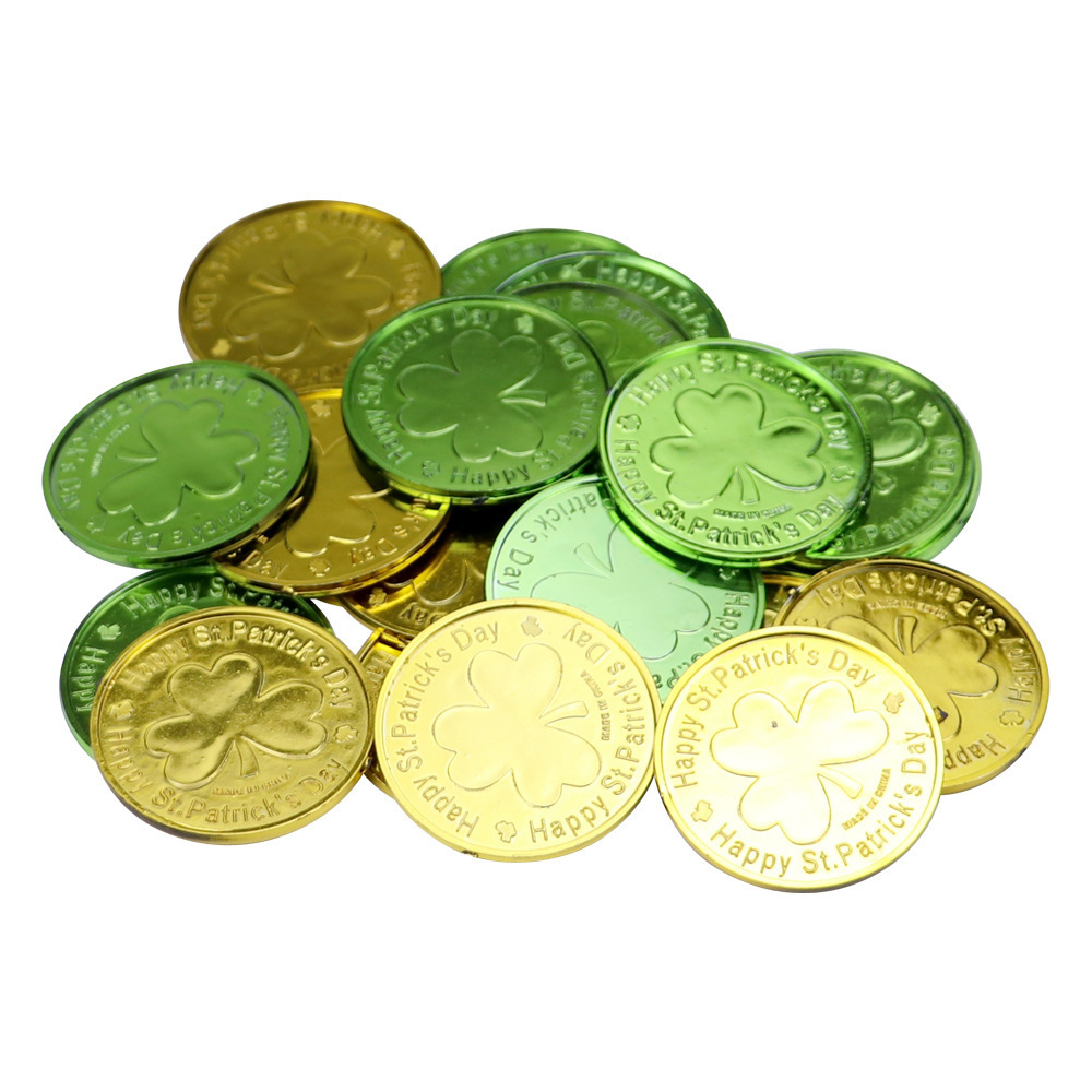 Party Supplies St. Patricks Day Lucky Clover Leprechaun Plastic Coin and Large Green Gold Coin Jar