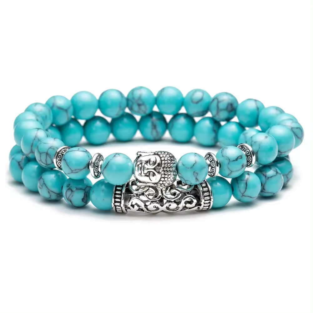 Blue Turquoise Howlite Beads Bracelet Set Natural Buddha Head Charm Couples Alloy Metal Religion Fashion Jewelry Bangle Bracelet