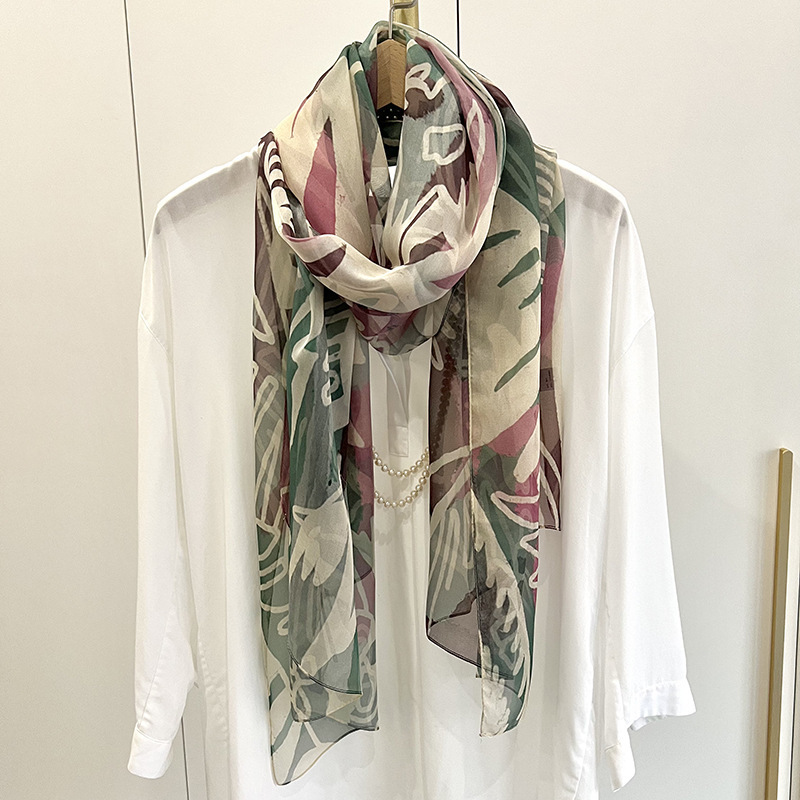 Summer New Silk Chiffon Scarf Digital Spray Painting Long Women's Sunscreen Shawl Beach