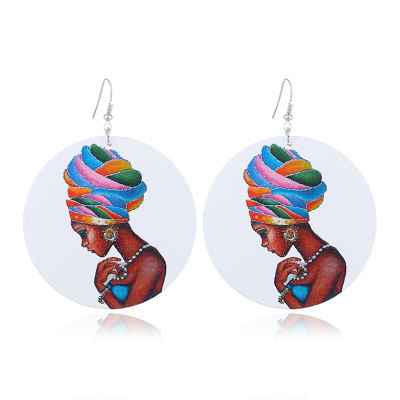 Hot Sale Creative Round Wooden Earrings Colorful Africa Map Painting Wood African Drop Earrings for women