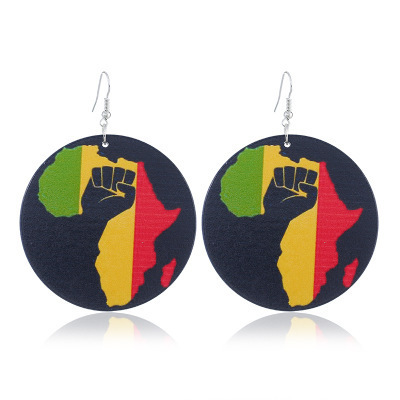 Hot Sale Creative Round Wooden Earrings Colorful Africa Map Painting Wood African Drop Earrings for women