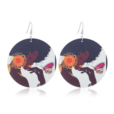 Hot Sale Creative Round Wooden Earrings Colorful Africa Map Painting Wood African Drop Earrings for women