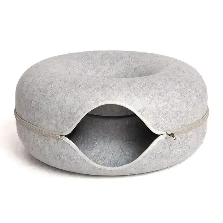 2024 Wholesale Custom Pet Cat House Large Donut Design Tunnel Play Zipper Design Felt Cat Bed