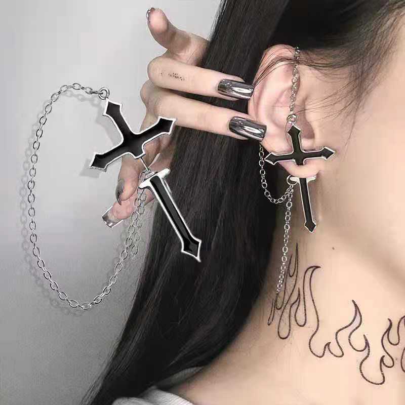 Gothic Kinitial Sword Chain Earrings Vintage Cool Punk Crystal Ear Goth Dagger Earrings Jewelry Gift For Women