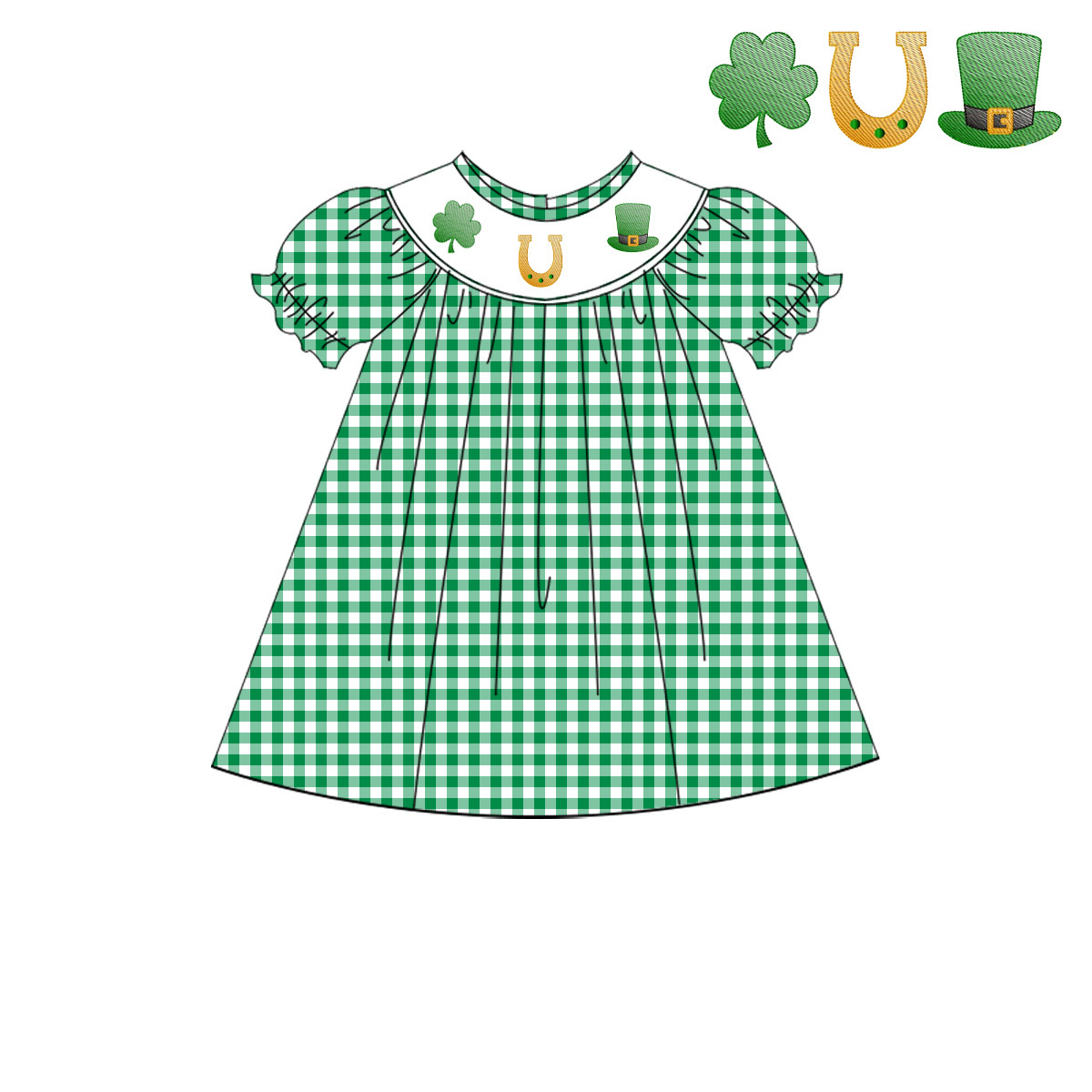 Puresun custom  St. Patrick's kids clothing wholesale smocking clover embroidery baby girl cotton boutique dress