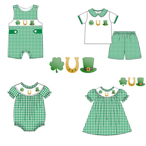 Puresun custom  St. Patrick's kids clothing wholesale smocking clover embroidery baby girl cotton boutique dress