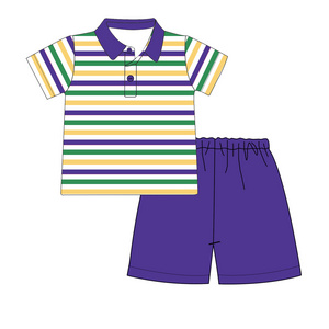 2022 Mardi Gras fashionable boys outfits OEM customized kids clothes set boutique striped polo shirt and pants