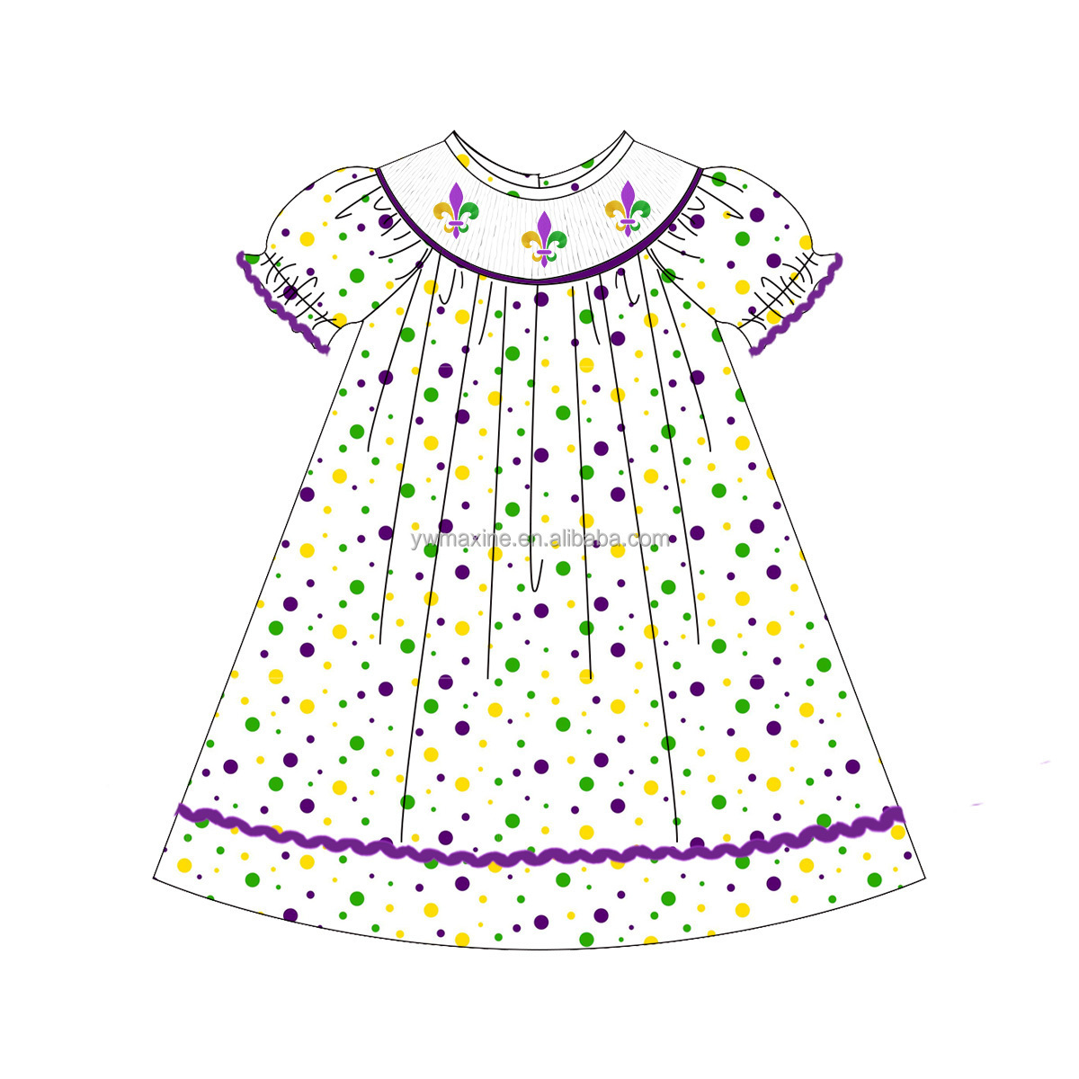 Custom wholesale children's clothing smocked baby girl outfits Mardi Gras applique heart pocket boutique clothing for girl