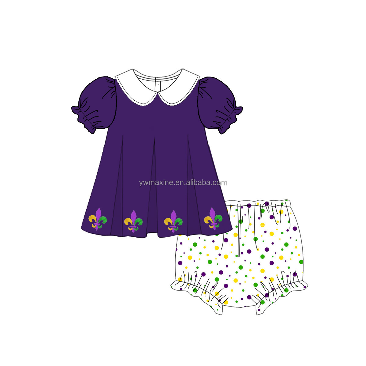 Custom wholesale children's clothing smocked baby girl outfits Mardi Gras applique heart pocket boutique clothing for girl