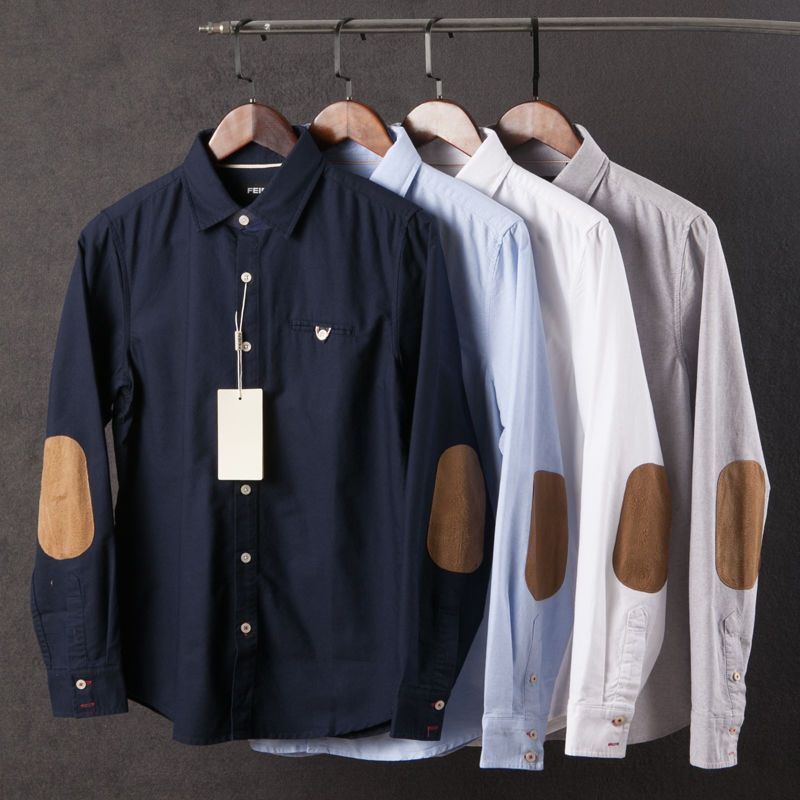 New elbow patch long sleeve shirt men's lapel Japanese retro color blocking Oxford cotton fitting work shirt