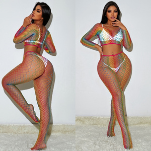 Hollow Out Sexy Rainbow Color Fishnet Jumpsuit Ins Fashion Baby Dolls Mesh Sheer Lingerie 2pcs Seamless Bodystocking