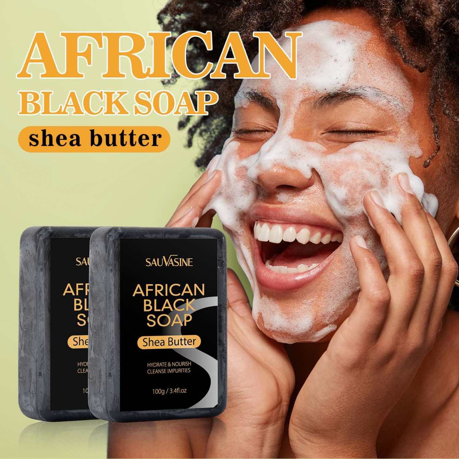 SAUVASINE Natural Whitening Herbal Cleaning Handmade Soap Organic Charcoal African Black Soap Shea Butter Soap