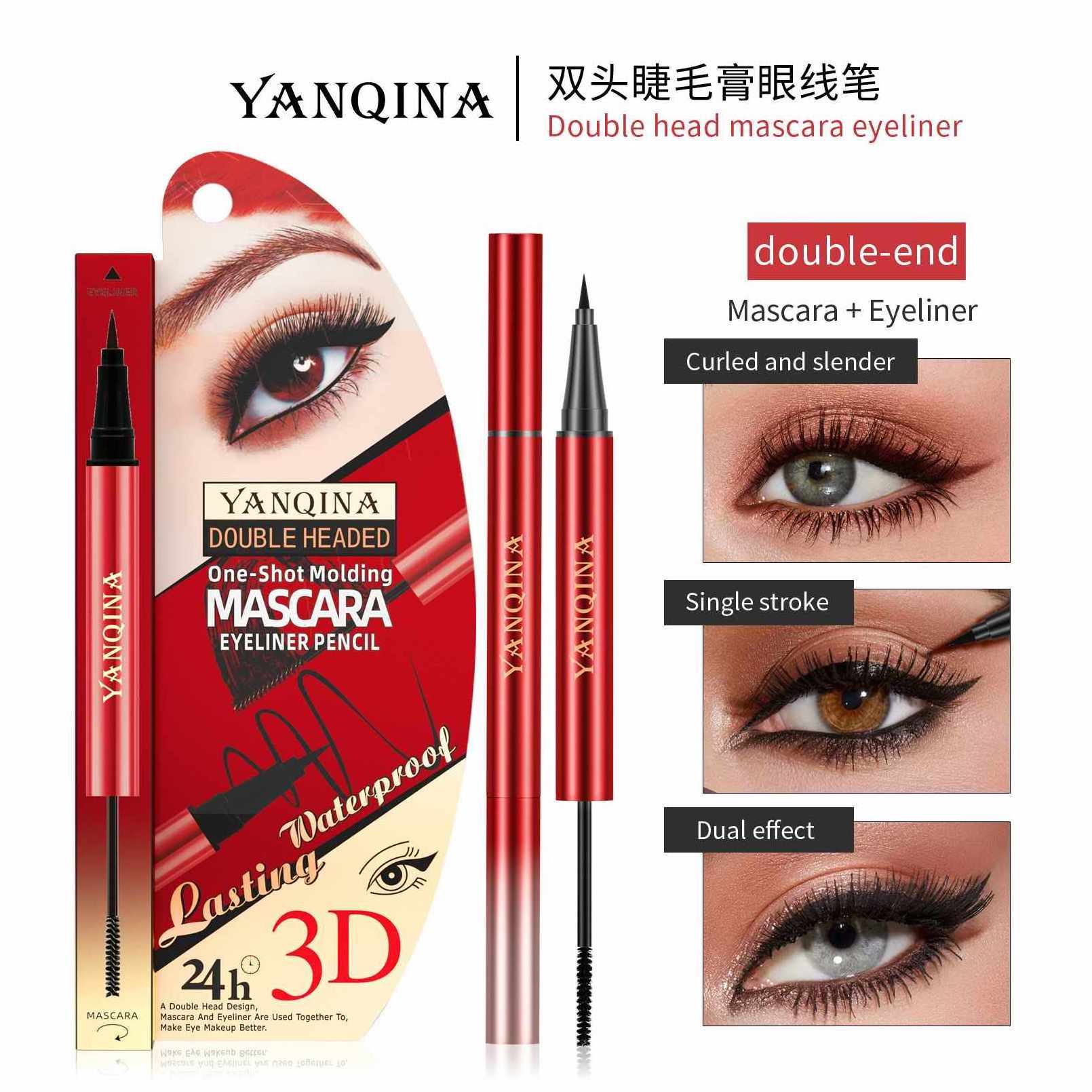 YANQINA 2-in-1 Eyeliner Pencil & Mascara Waterproof 3D Quick-Dry Non-Smudging Volumizing Slim Two-Head Eyeliner Makeup Cosmetics