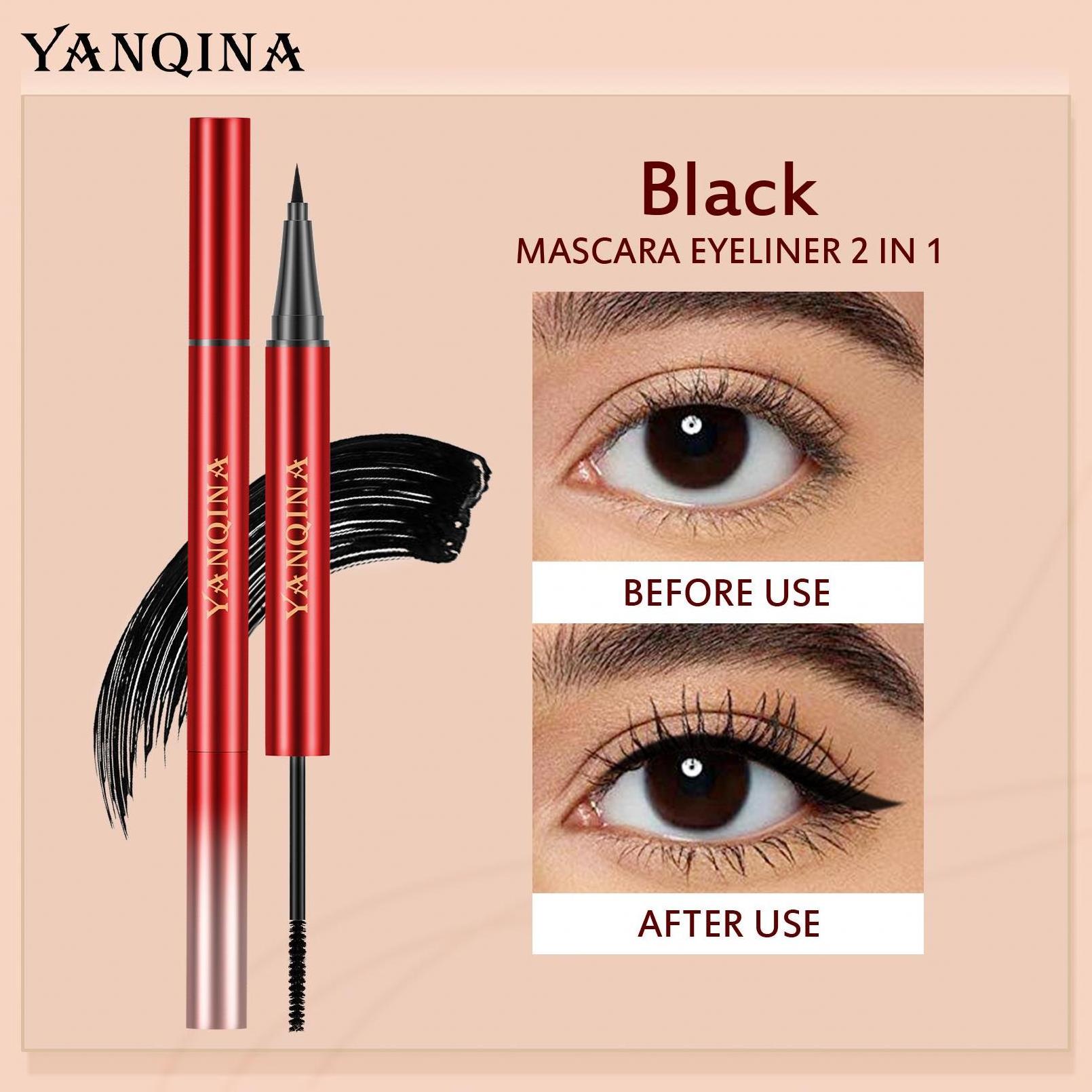 YANQINA 2-in-1 Eyeliner Pencil & Mascara Waterproof 3D Quick-Dry Non-Smudging Volumizing Slim Two-Head Eyeliner Makeup Cosmetics