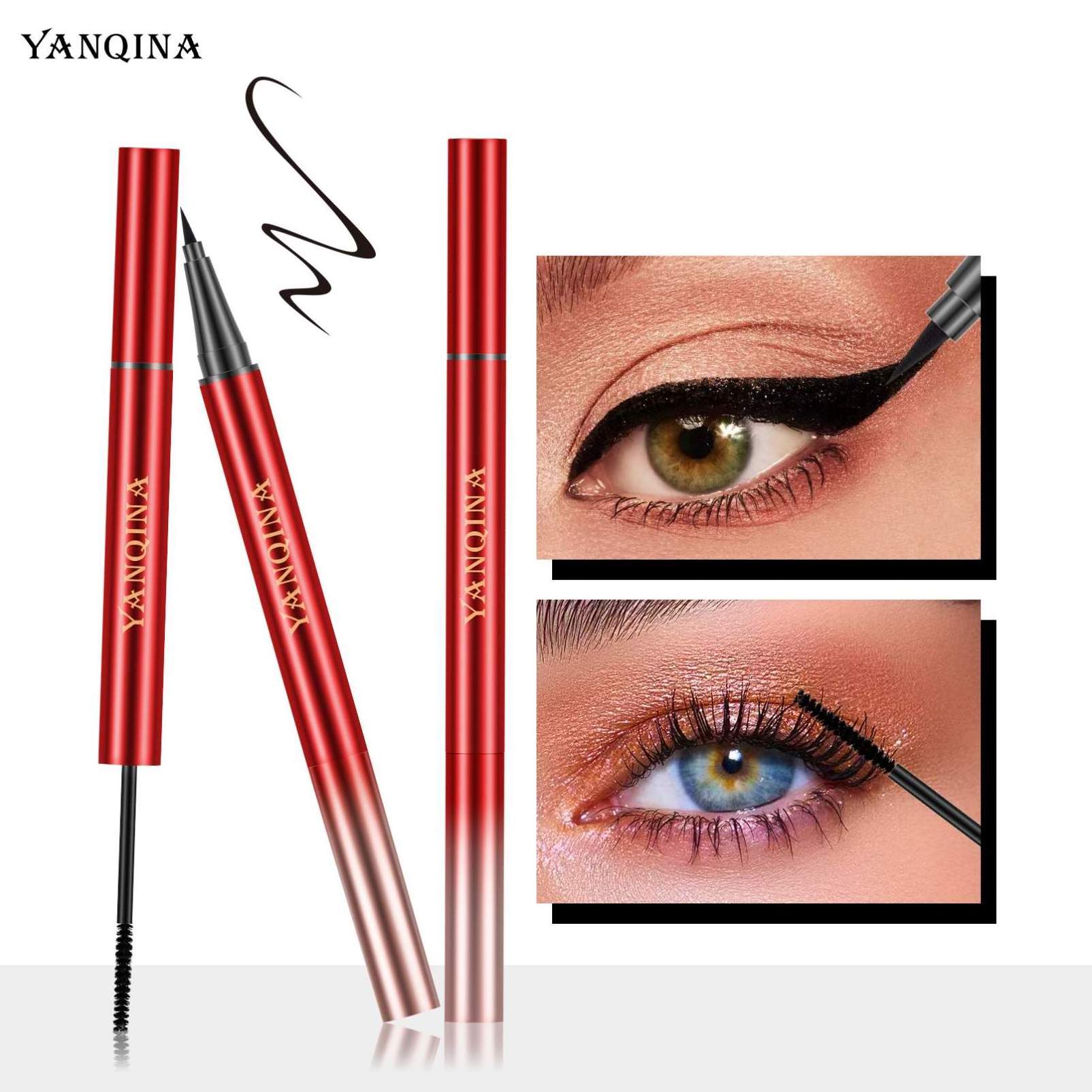 YANQINA 2-in-1 Eyeliner Pencil & Mascara Waterproof 3D Quick-Dry Non-Smudging Volumizing Slim Two-Head Eyeliner Makeup Cosmetics