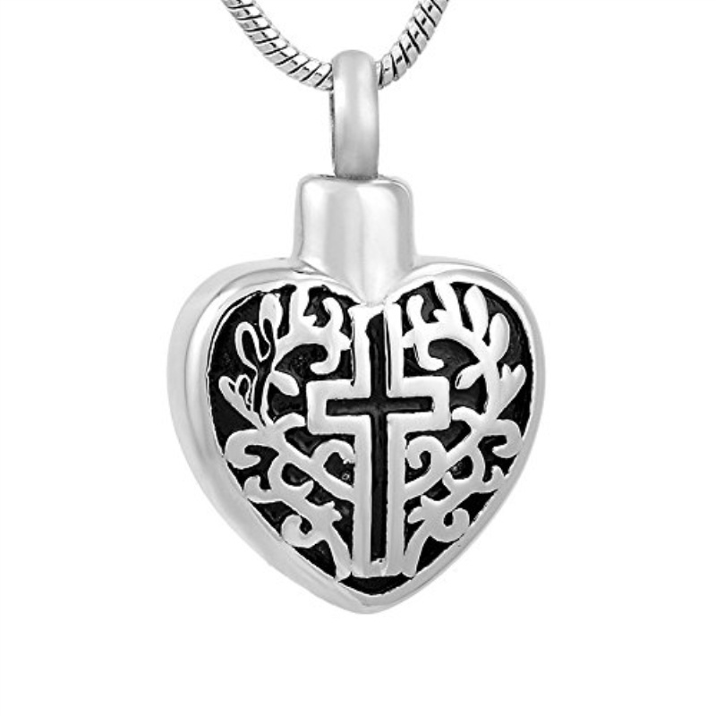 Black Stainless Steel Cross In My Heart Cremation Urn Pendant