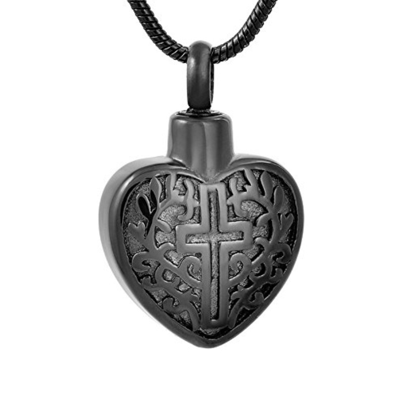 Black Stainless Steel Cross In My Heart Cremation Urn Pendant