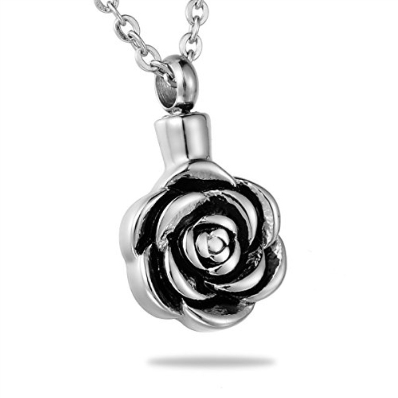 Stainless Steel Rose Pet Urn Ashes Pendant Memorial Ash Keepsake Cremation Jewelry Necklace