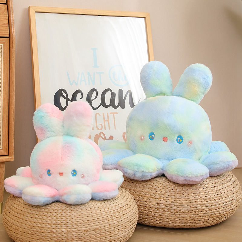 YWMX 20CM Double Side Octopus With Rabbit Ear Plush Toy Fluffy Reversible Octopus Colorful Stuffed Plush Toys Pillow For Kids