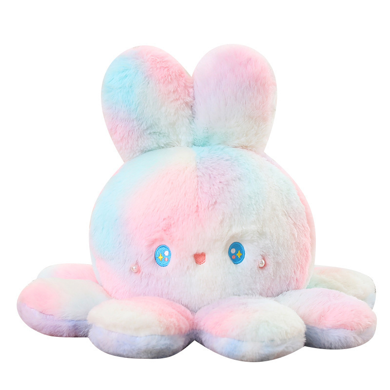 YWMX 20CM Double Side Octopus With Rabbit Ear Plush Toy Fluffy Reversible Octopus Colorful Stuffed Plush Toys Pillow For Kids