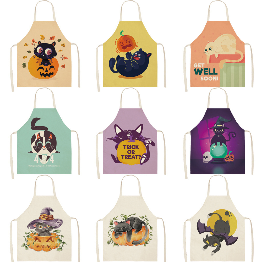 Cartoon Cute Cat Animal  Hemp Material Aprons Kitchen Cooking Baking Wear for Both Kids And Adult Size