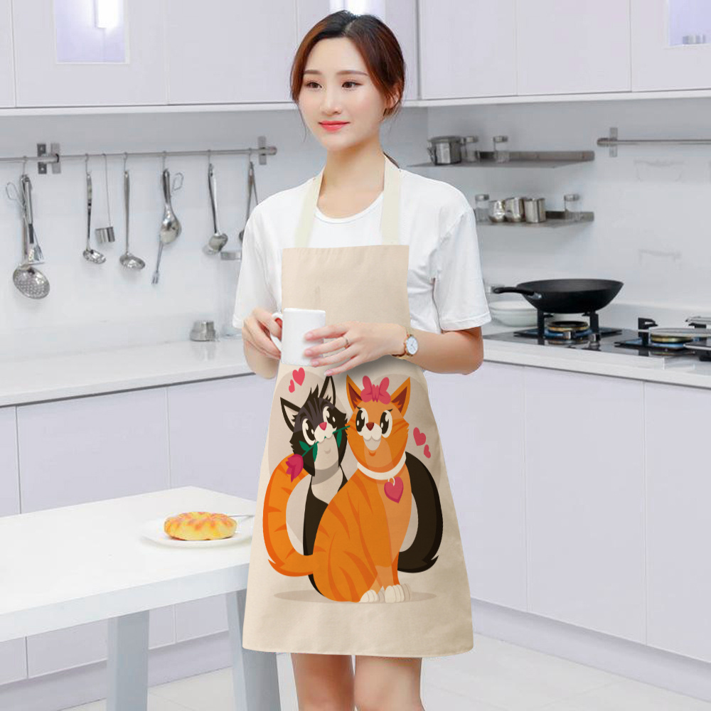 Cartoon Cute Cat Animal  Hemp Material Aprons Kitchen Cooking Baking Wear for Both Kids And Adult Size