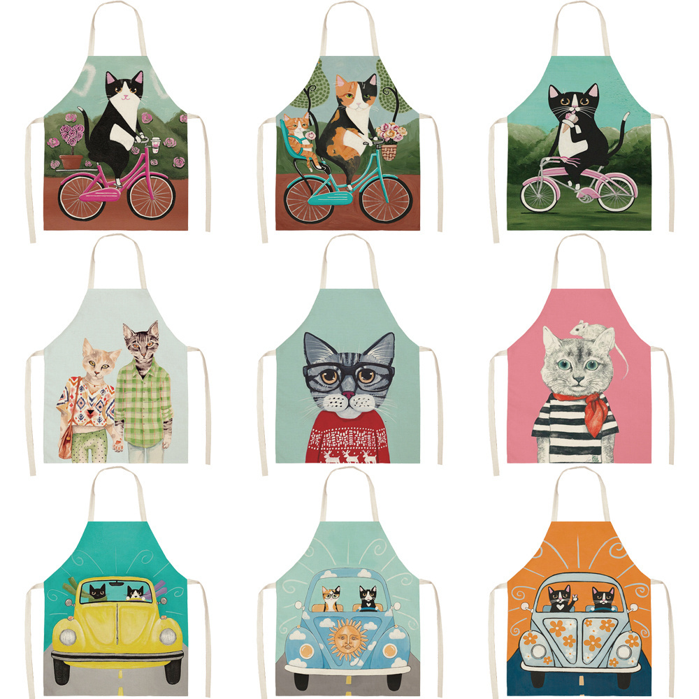 Wholesale Cartoon Cat Themed Fashion Cotton And Linen Material Apron Kitchen Cooking For Baking Costumes