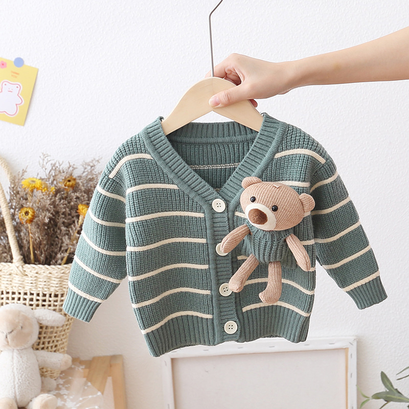 Boys' striped sweater cardigan autumn and winter baby sweater loose children's cartoon teddy bear jacket