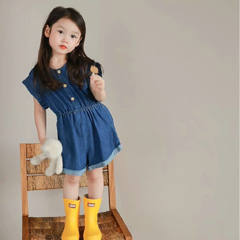 3-8-year-old girl pants cartoon denim jumpsuit jumpsuit 2024 summer new style