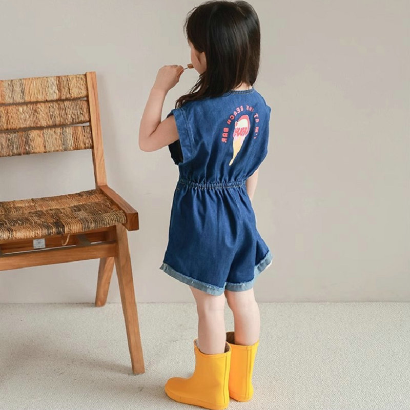 3-8-year-old girl pants cartoon denim jumpsuit jumpsuit 2024 summer new style