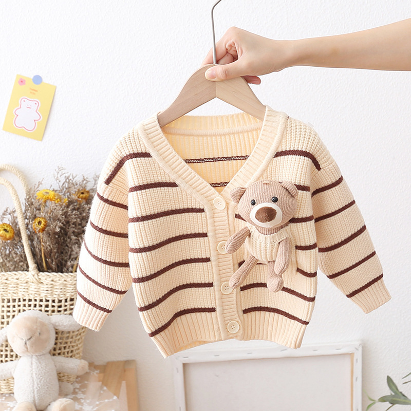 Boys' striped sweater cardigan autumn and winter baby sweater loose children's cartoon teddy bear jacket