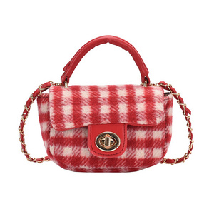 New plaid woolen material bag for children's mini handbag for girls diagonal zero wallet